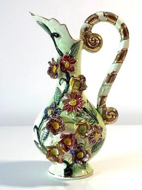 Vintage Japan Porcelain Hand Painted Gold Trim Floral Relief Vase Pitche Grandma
